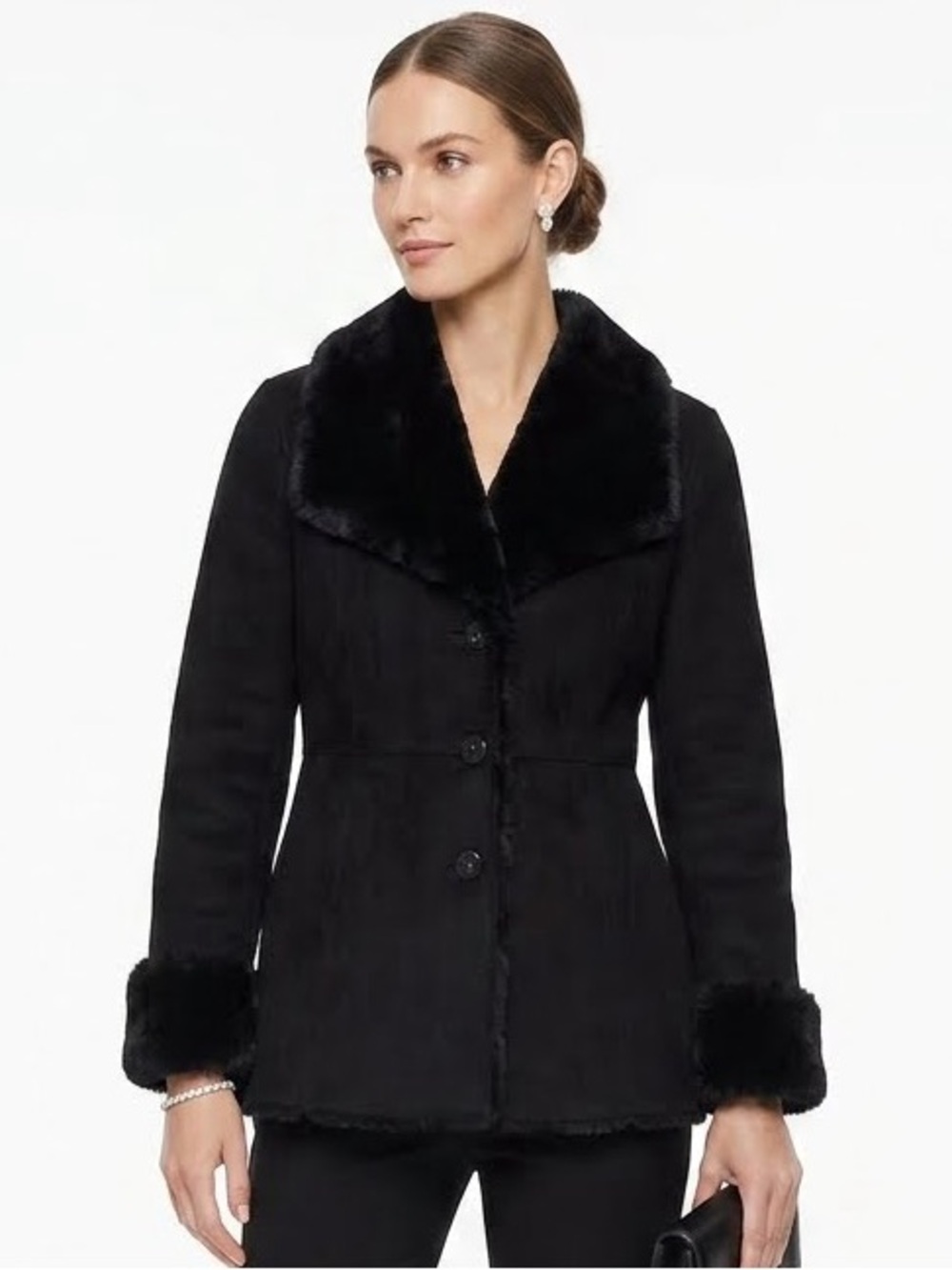 S White House Black Market Black Suede and Faux Fur Coat Jacket